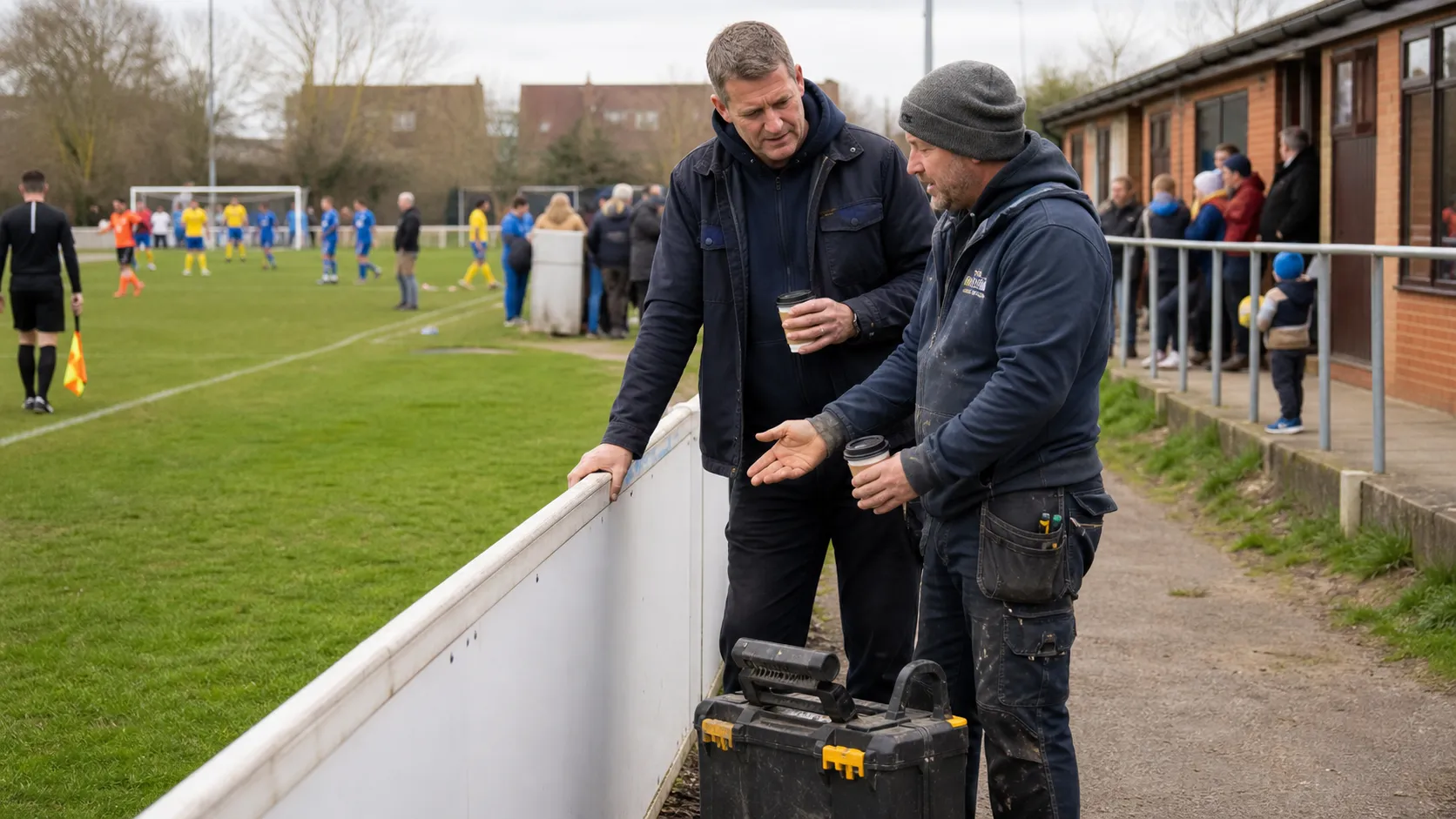A club volunteer and local tradesperson discussing pitch-side sponsorship