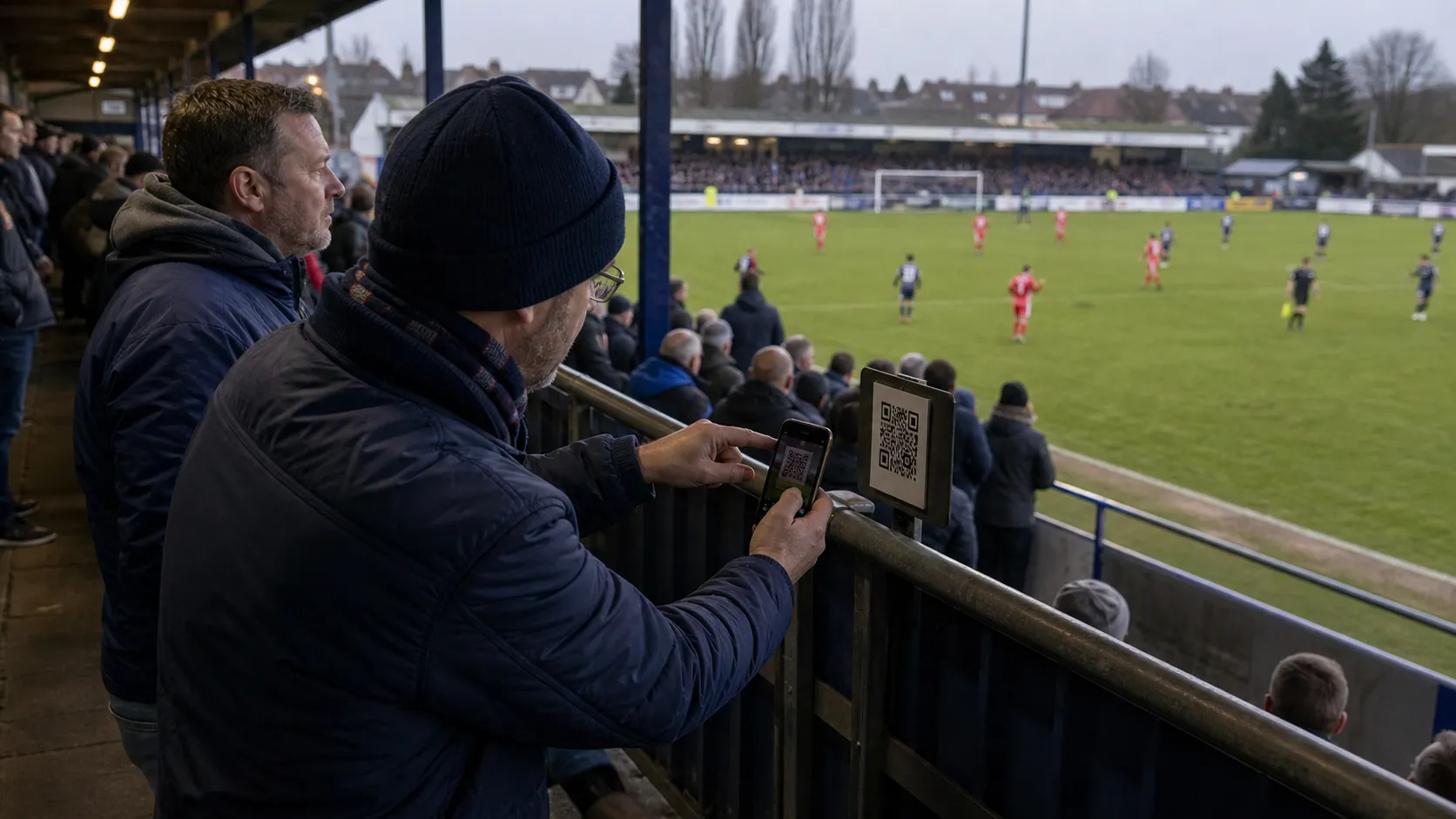 A supporter scanning a sponsorship QR code during a live football match