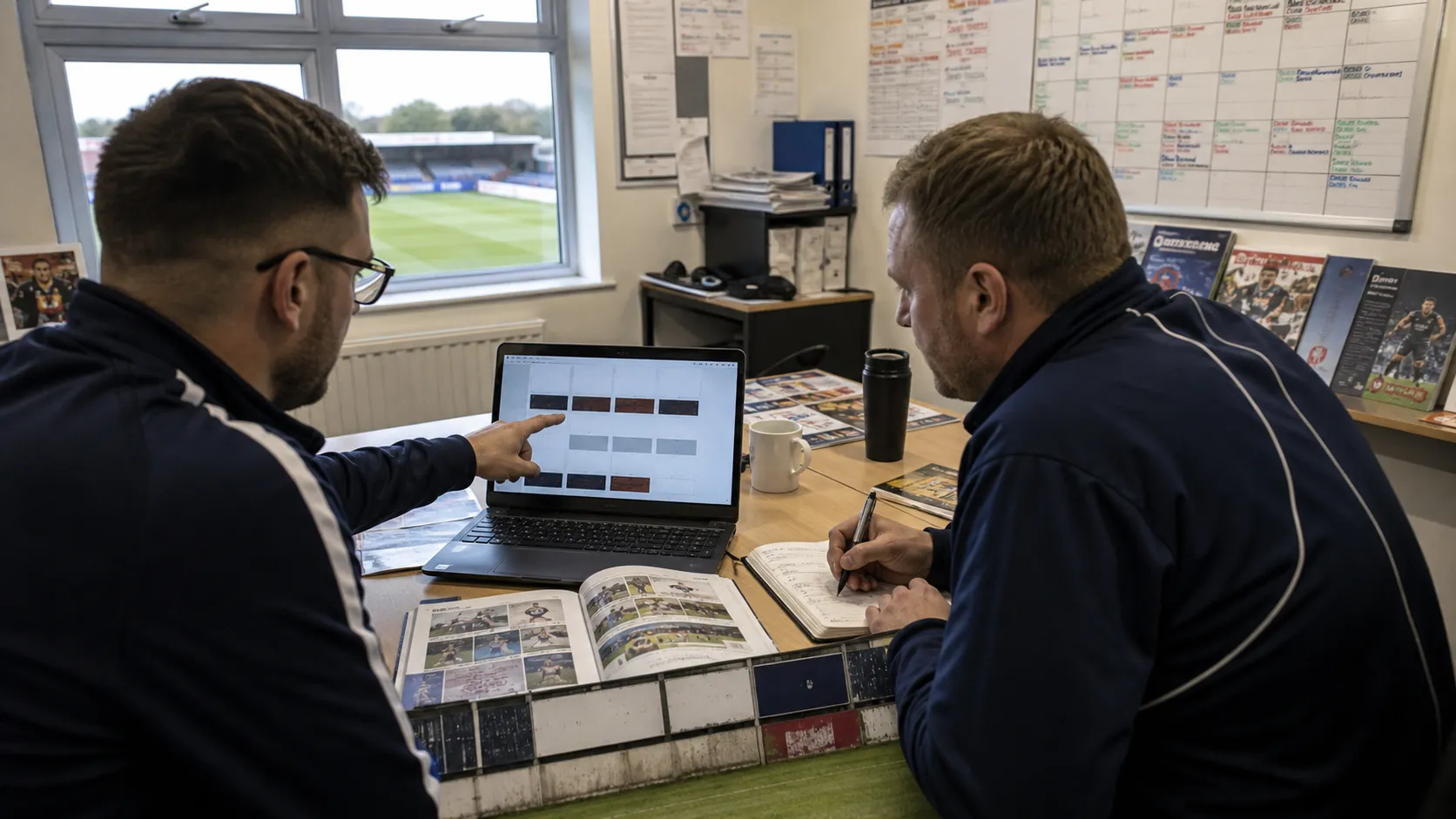 Two club staff reviewing sponsorship inventory together in their stadium office