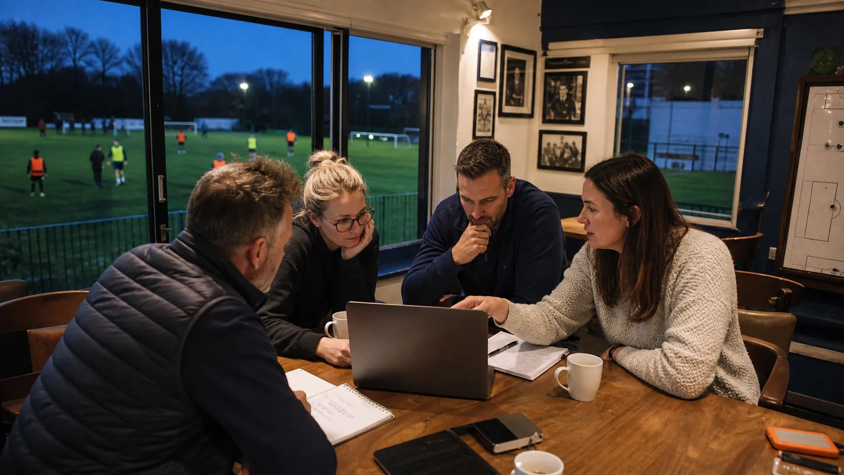 Four colleagues working together on Sponsorfy's platform in a football clubhouse